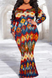 Black Sexy Street Geometric Print Gradient Contrast V Neck Fishtail Dresses
