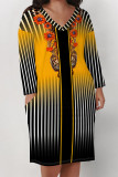 Black Yellow Casual Floral Print Pocket Contrast V Neck Printed Plus Size Dresses