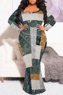 Green Sexy Street Geometric Print Gradient Contrast V Neck Fishtail Dresses