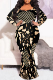 Baby Blue Sexy Street Geometric Print Polka Dot V Neck Fishtail Plus Size Dresses