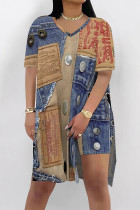 Multicolor Casual Street Faux Denim Print Slit V Neck Short Sleeve Two Pieces