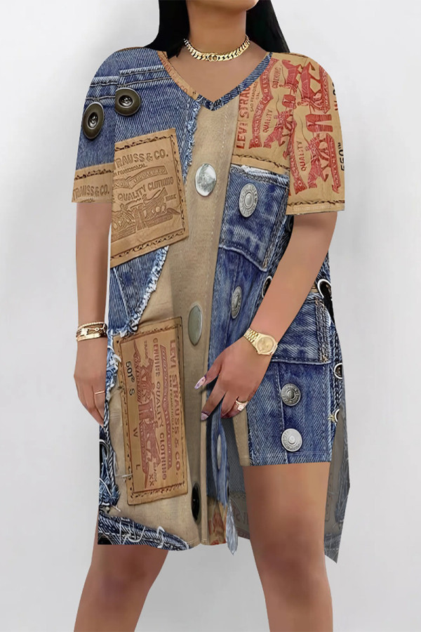 Multicolor Casual Street Faux Denim Print Slit V Neck Short Sleeve Two Pieces