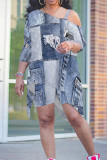 Blue Coffee Casual Street Faux Denim Print Irregular Contrast Sloping Shoulder Plus Size Two Pieces
