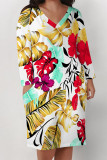 Black Yellow Casual Floral Print Pocket Contrast V Neck Printed Plus Size Dresses