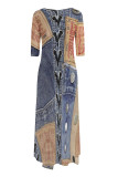 Multicolor Casual Street Faux Denim Print Pocket O Neck Irregular Dresses