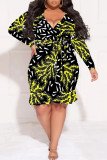 Apricot Sexy Floral Print Lace Up Ruffle V Neck Printed Plus Size Dresses