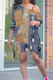 Multicolor Casual Street Faux Denim Print Irregular Contrast Sloping Shoulder Plus Size Two Pieces