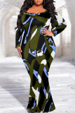 Baby Blue Sexy Street Geometric Print Polka Dot V Neck Fishtail Plus Size Dresses