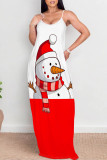 Deep Red Casual Snowflakes Snowman Print Contrast U Neck Printed Dresses