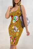 Green Sexy Street Santa Claus Santa Hats Print Contrast U Neck Printed Dresses