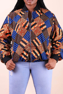 Orange Blue Casual Plaid Pocket Patchwork Zipper Zipper Collar Plus Size Overcoat