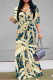 Baby Blue Street Elegant Floral Print Lace Up Contrast V Neck Printed Dresses