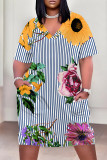 Black Yellow Casual Street Floral Print Pocket Contrast V Neck Printed Plus Size Dresses