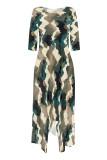Army Green Casual Street Floral Print Gradient Pocket Contrast O Neck Irregular Dresses