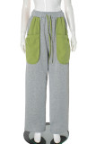Grey Casual Draw String Pocket Patchwork Contrast Loose Low Waist Conventional Patchwork Bottoms