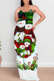 Deep Red Casual Snowflakes Snowman Print Contrast U Neck Printed Dresses