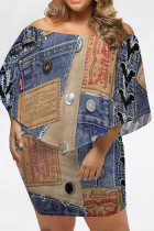 Multicolor Casual Street Faux Denim Print Irregular Off Shoulder Printed Plus Size Dresses