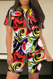 Multicolor Casual Daily Geometric Print Flowers Pocket Contrast O Neck Short Sleeve Two Pieces