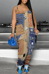 Multicolor Casual Street Faux Denim Print Pocket Contrast U Neck Boot Cut Jumpsuits