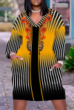 Black Yellow Casual Floral Print Pocket Contrast V Neck Printed Plus Size Dresses