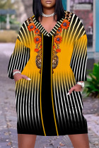 Black Yellow Casual Floral Print Pocket Contrast V Neck Printed Plus Size Dresses