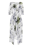 Army Green Casual Street Floral Print Gradient Pocket Contrast O Neck Irregular Dresses