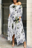 Army Green Casual Street Floral Print Gradient Pocket Contrast O Neck Irregular Dresses