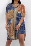 Dark Blue Casual Street Faux Denim Print Slit V Neck Short Sleeve Two Pieces
