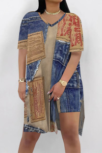 Blue Coffee Casual Street Faux Denim Print Slit V Neck Short Sleeve Two Pieces