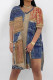 Blue Coffee Casual Street Faux Denim Print Slit V Neck Short Sleeve Two Pieces