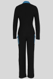 Black Casual Pocket Patchwork Zipper Contrast Turndown Collar Regular Jumpsuits