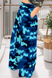 Blue Casual Street Geometric Print Camouflage Print Pocket Contrast Loose High Waist Wide Leg Full Print Bottoms