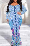 Baby Blue Sexy Street Geometric Print Polka Dot V Neck Fishtail Plus Size Dresses