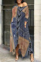 Dark Blue Casual Street Faux Denim Print Pocket O Neck Irregular Dresses