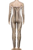 Coffee Sexy Hot Print Hollow Out See-Through Off Shoulder Skinny Jumpsuits