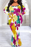 Light Purple Sexy Street Floral Print Contrast V Neck Printed Plus Size Dresses