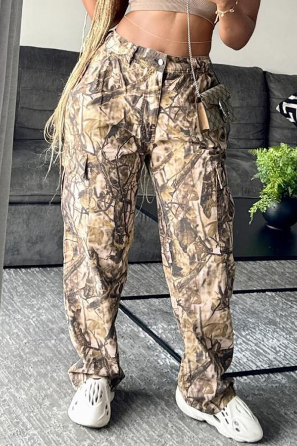 Camel Casual Print Buttons Patchwork Strap Design Zipper Regular Mid Waist Conventional Full Print Bottoms