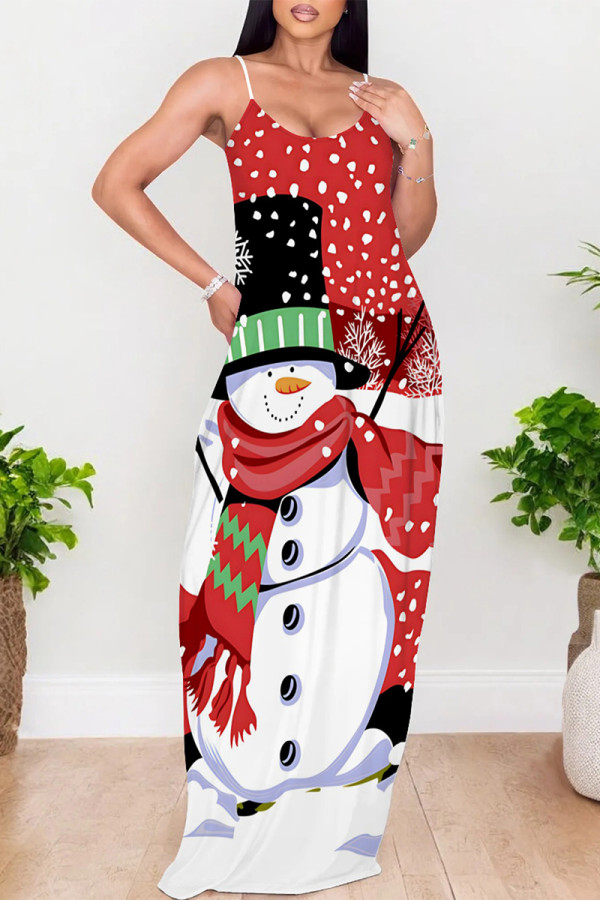 Red Black Casual Snowflakes Snowman Print Contrast U Neck Printed Dresses