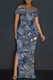 Blue Sexy Street Faux Denim Print Slit Off Shoulder Printed Dresses