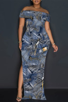 Blue Sexy Street Faux Denim Print Slit Off Shoulder Printed Dresses