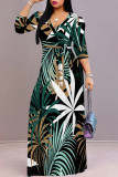 Baby Blue Street Elegant Floral Print Lace Up Contrast V Neck Printed Dresses