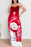 Deep Red Casual Snowflakes Snowman Print Contrast U Neck Printed Dresses