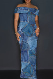 Blue Sexy Street Faux Denim Print Slit Off Shoulder Printed Dresses