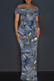 Blue Sexy Street Faux Denim Print Slit Off Shoulder Printed Dresses