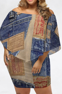 Blue Coffee Casual Street Faux Denim Print Irregular Off Shoulder Printed Plus Size Dresses