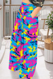 Blue Casual Street Geometric Print Camouflage Print Pocket Contrast Loose High Waist Wide Leg Full Print Bottoms