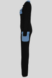 Black Casual Pocket Patchwork Zipper Contrast Turndown Collar Regular Jumpsuits