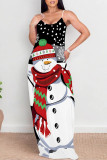 Deep Red Casual Snowflakes Snowman Print Contrast U Neck Printed Dresses