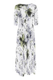 Army Green Casual Street Floral Print Gradient Pocket Contrast O Neck Irregular Dresses