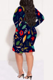 Apricot Sexy Floral Print Lace Up Ruffle V Neck Printed Plus Size Dresses